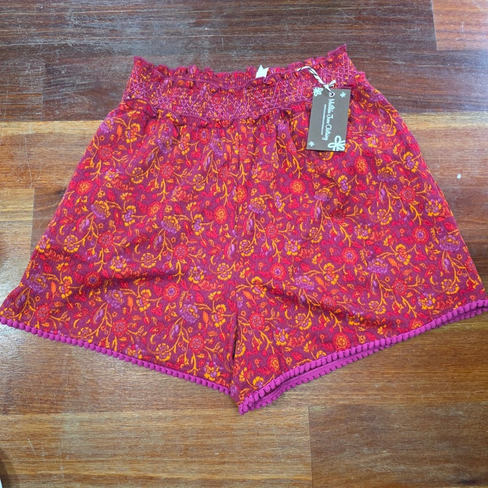 Matilda Jane Girls Red Orange Floral Smocked‎ Pom Pom Trim Shorts Size 16 NWT